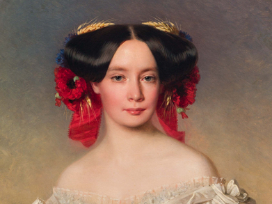 Sophie von Sachsen-Weimar-Eisenach wird mit Kleid und Blumenschmuck im Haar dargestellt.