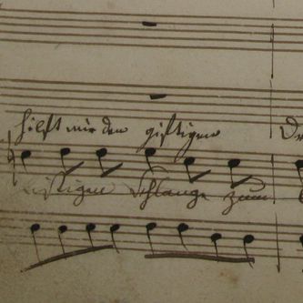 "Die Ersetzung der Schlange durch einen Drachen, den Tamino bekämpft." Mozart, Die Zauberflöte, handschriftliche Partitur der Weimarer Erstaufführung, Hochschularchiv | Thüringisches Landesmusikarchiv Weimar, historischer Notenbestand des Deutschen Nationaltheaters Weimar, Sign. D-WRha DNT 47, Bd. I, S. 58 (Foto: HSA | ThLMA).