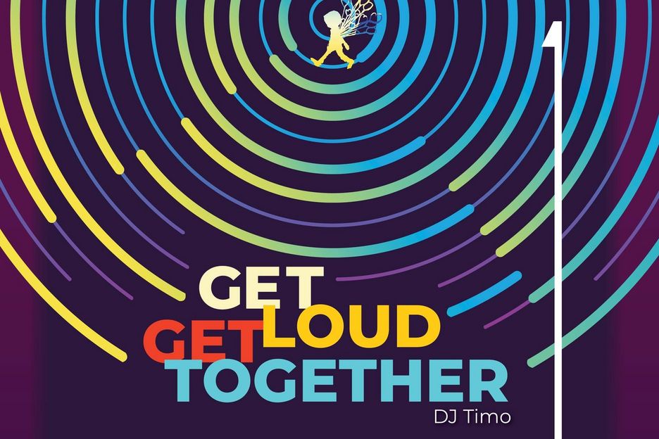 GET LOUD. GET TOGETHER. Kreise in Gelber und Blauer Farbe auf dunkelblauem Untergrund, überschrieben vom Veranstaltungstitel in verschiedenen Farben und einem gelben Schattenriss eines Kindes mit Ballons am oberen Rand