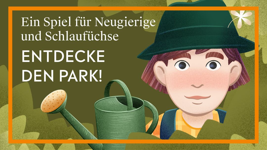 Werbebanner für App-Spiel „Rette den Park“ zeigt animierten rothaarigen Gärtner mit grünem Hut