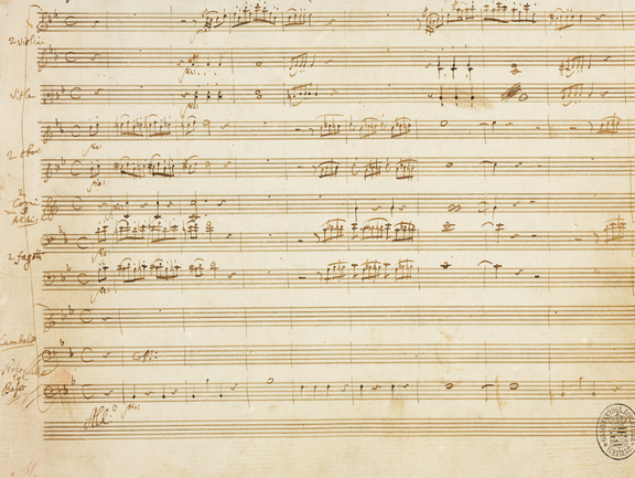 Zu sehen ist eine Seite aus: Concerto in B. per il Piano Forte. Es handelt sich um einen Autograph von Wolfgang Amadeus Mozart, der zur Musikaliensammlung gehört. Signatur:  Mus V : 125.