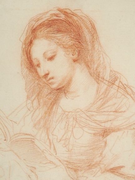 Bildnr. I/25: Giovanni Francesco Barbieri gen. Il Guercino (1591–1666), Lesende Frau im Dreiviertelprofil nach links, 1640er- Jahre, Rötel