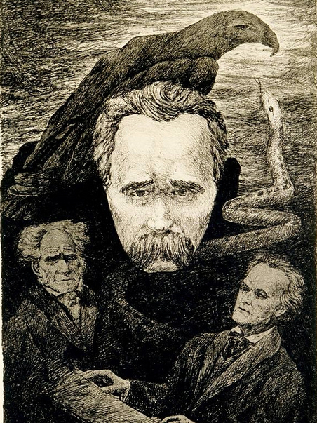Gemälde von Gerhard Brandt, das Freidrich Nietzsche, Arthur Schopenhauer und Richard Wagner zeigt
