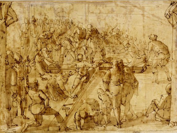 Bildnr. I/15: Luca Cambiaso (1527–1585), Studie einer Kreuzannagelung Christi, nach 1570, Feder und Pinsel in Braun