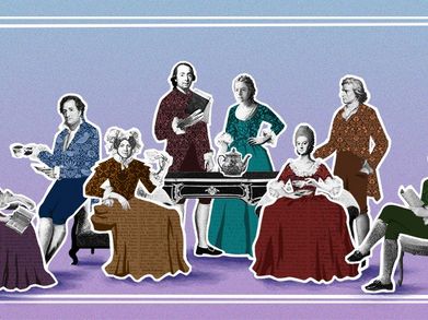 Illustrierte Collage von acht Vetreter*innen der Weimarer Klassik. Sie sind um einen Teetisch versammelt.