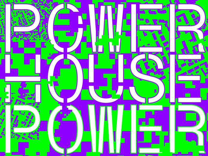 Lila-grün gefärbte Grafik mit Schriftzug POWERHOUSE in Blockschrift