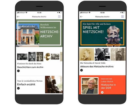 Smartphone-Bildschirmanzeige der Weimar+ App über das Nietzsche-Archiv