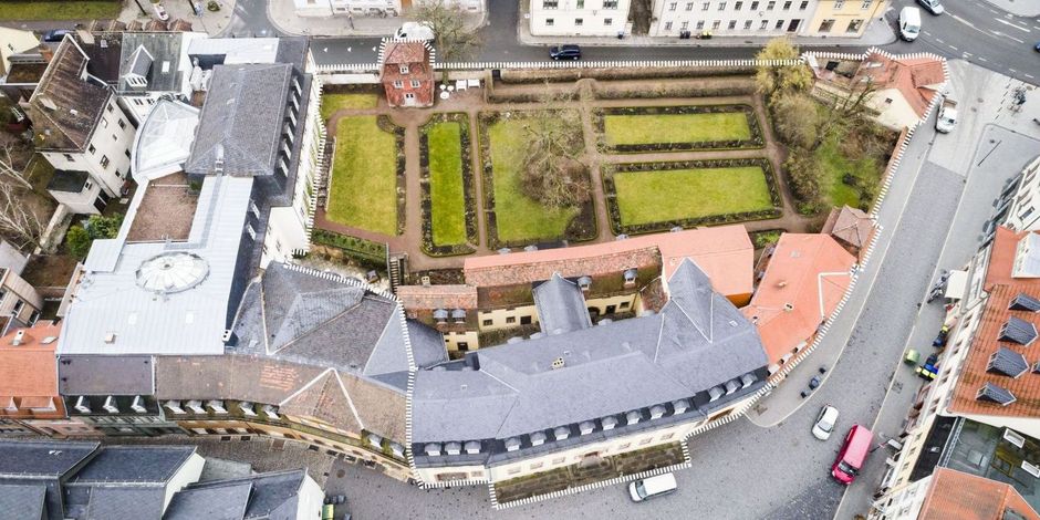 Luftbild des Ensembles mit Bearbeitungsgebiet