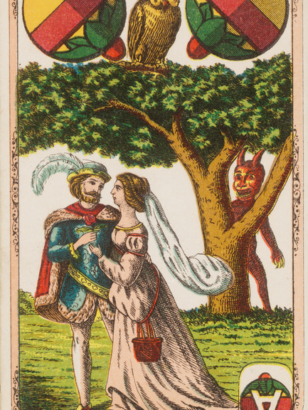 Abbildung einer Spielkarte aus einem Satz Skatkarten, der zur Faustsammlung gehört. Gedruckt wurden die Karten in Frankfurt am Main ca. 1930. Signatur: F 4746.