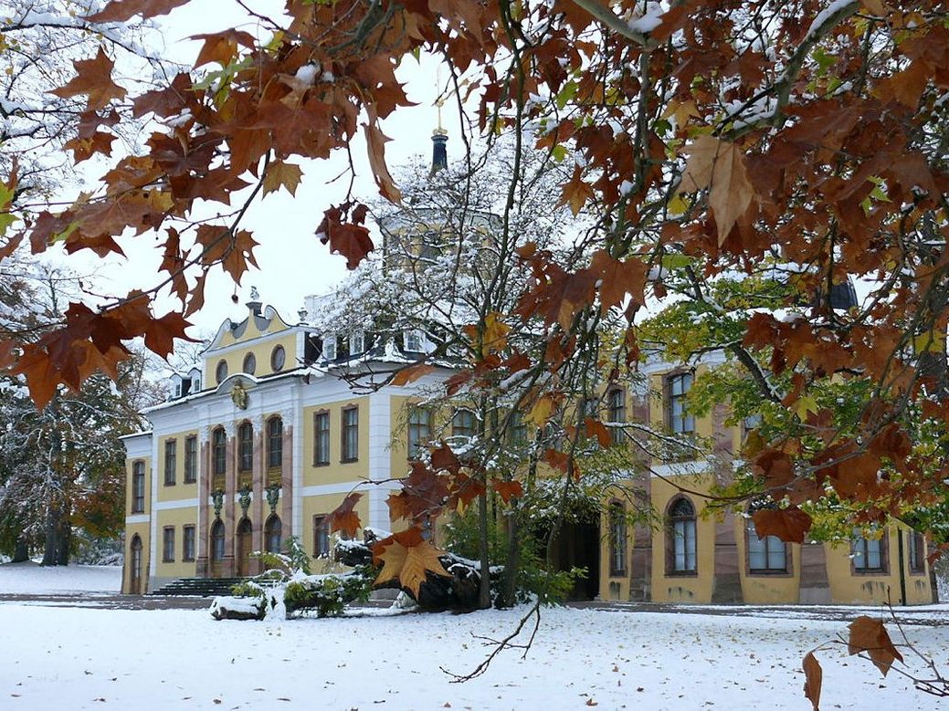 Hinter einem Zweig mit Ahornblättern ist das Schloss Belvedere mit Schnee im Winter abgebildet.