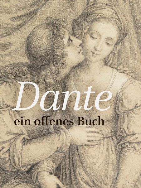 Zu sehen ist das Cover des Flyers der Ausstellung "Dante, ein offenes Buch". Die Ausstellung fand anlässlich des 750. Geburtsjahres des Dichters statt. Abgebildet ist ein Ausschnitt aus der Tusch- und Federzeichnung "Francesca und Paolo, von Gianciotto Malatesta überrascht", die Joseph Anton Koch im Jahr 1809 angefertigt hat.