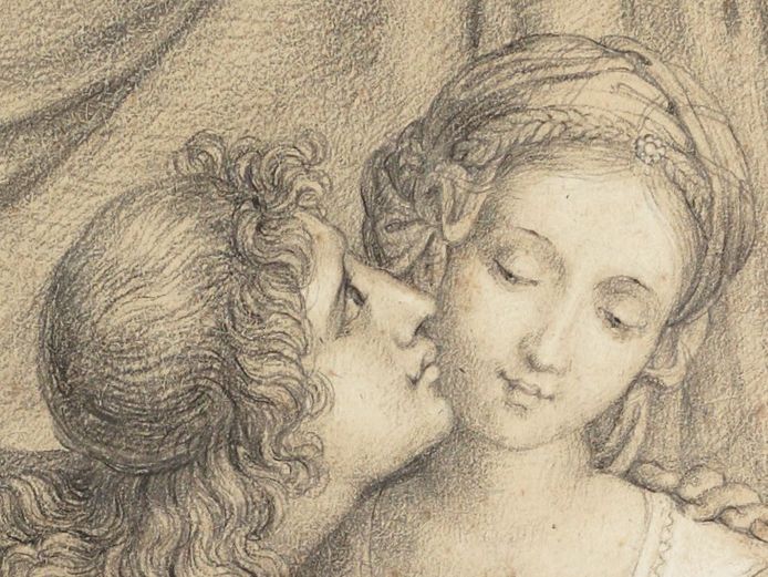 Cover of the exhibition flyer “Dante, An Open Book”, an exhibition commemorating the 750th Anniversary of the Poet’s Birth”. Detail from the ink and pen drawing “Francesca and Paolo, surprised by Gianciotto Malatesta” by Joseph Anton Koch, 1809.