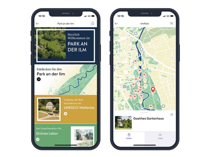 Smartphone-Bildschirmanzeige der Weimar+ App über den Park an der Ilm