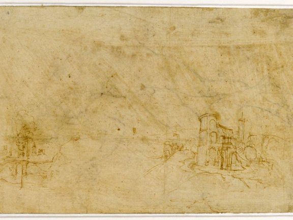  Raffaelo Santi, Landschaft mit Brücke und Amphitheater, um 1508, Feder in Braun 