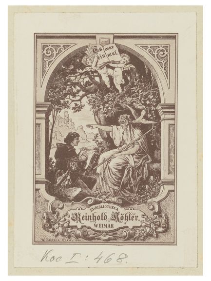 Ein schreibender Jüngling kniet vor einer weiblichen, vermutlich nordisch-mythologischen Gestalt, die erzählend in die Ferne weist. Im Hintergrund erkennt man die Silhouette einer Burgruine hoch über einen Fluss gelegen. Am oberen Bildrand halten zwei Putti ein aufgeschlagenes Buch mit dem Motto „Es war einmal“.