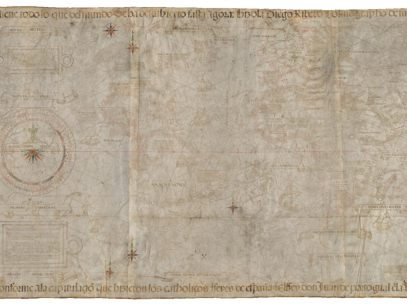 Die fotografische Reproduktion einer auf Pergament gezeichneten Weltkarte, die im Original 213 cm breit und 86 cm hoch ist. Das Material der Karte ist Pergament.