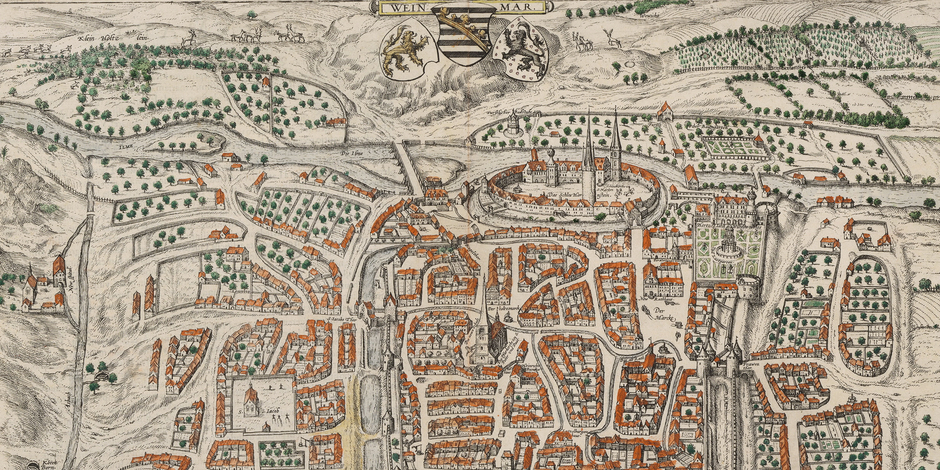 Stadtplan mit Residenzschloss und Grünem Schloss, dem späteren Bibliotheksgebäude