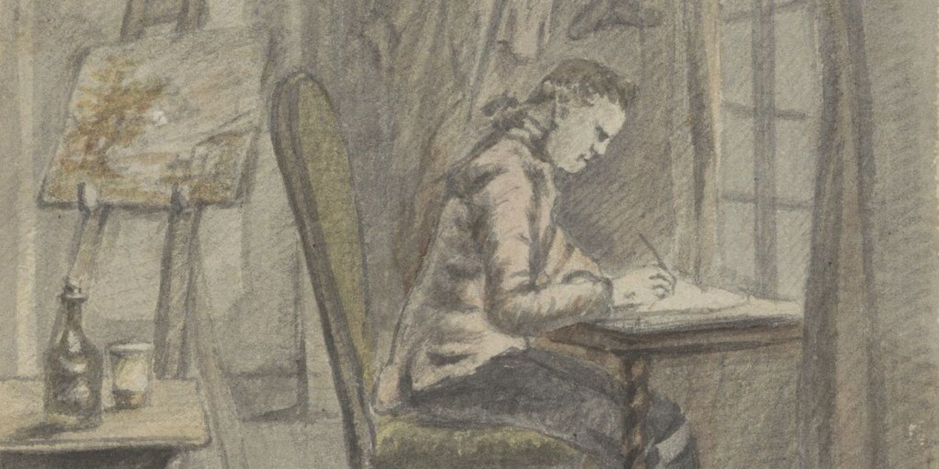 schreibender Mann am Fenster, hinter ihm eine Staffelei