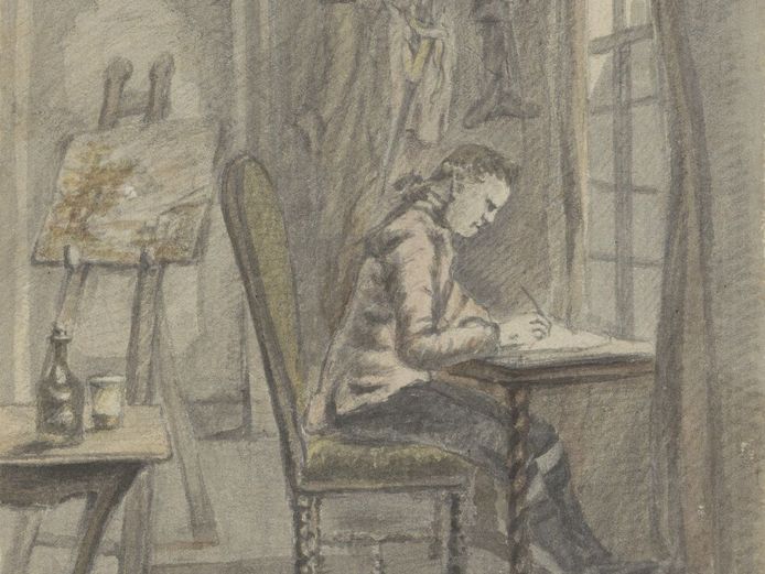 schreibender Mann am Fenster, hinter ihm eine Staffelei