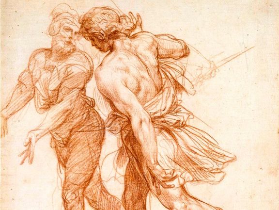 Bildnr. I/20: Giuseppe Cesari gen. Cavaliere d‘Arpino (1568–1640), Zwei nach links eilende Männer, um 1600, Rötel