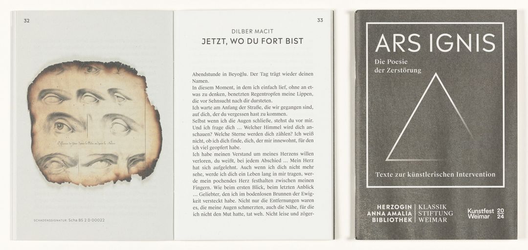 Titel- und Doppelseite aus dem Begleitheft zur Intervention »Ars Ignis. Die Poesie der Zerstörung«