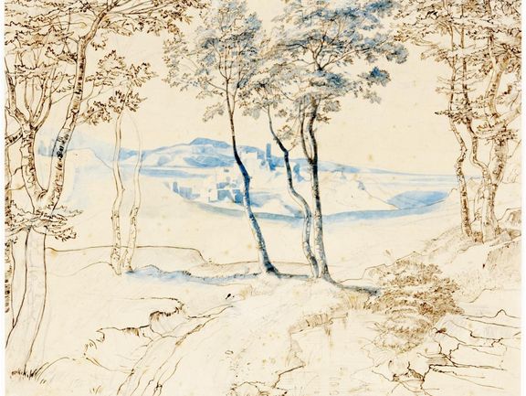  Franz Theobald Horny, Blick auf Olevano in der blauen Ferne, um 1820, Grafit, Feder und Pinsel in Braun und Blau 