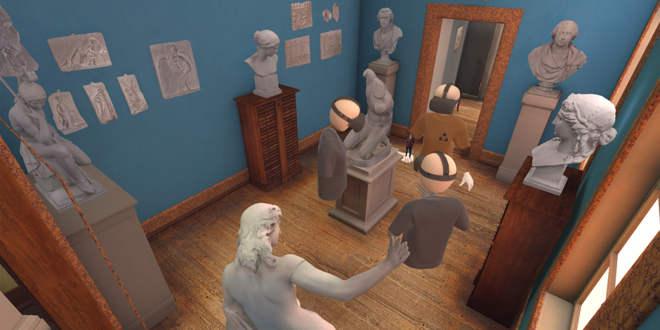 Einblick in das virtuelle Brückenzimmer in Goethes Wohnhaus am Frauenplan, Weimar, mit drei Besucherfiguren, die 3D-Brillen tragen